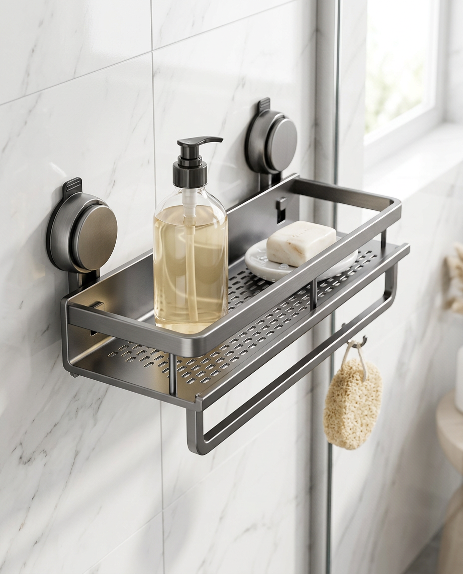 Dock — étagère de douche à ventouse, vue installée avec savon et loofah